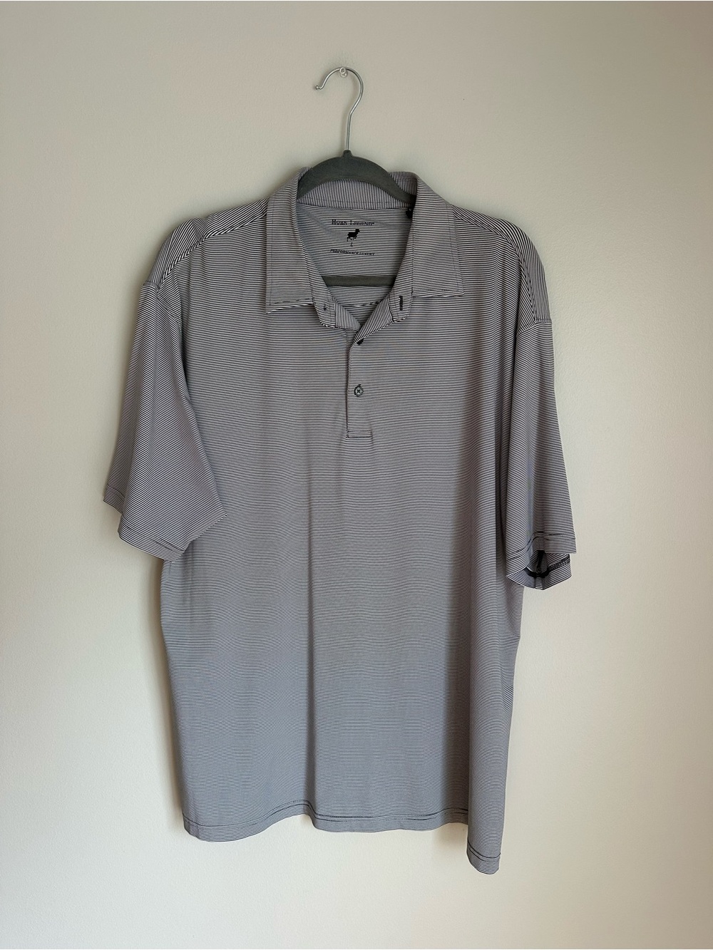 Horn Legend Performance Men's Large Striped Golf Polo Preppy Soft Grey White